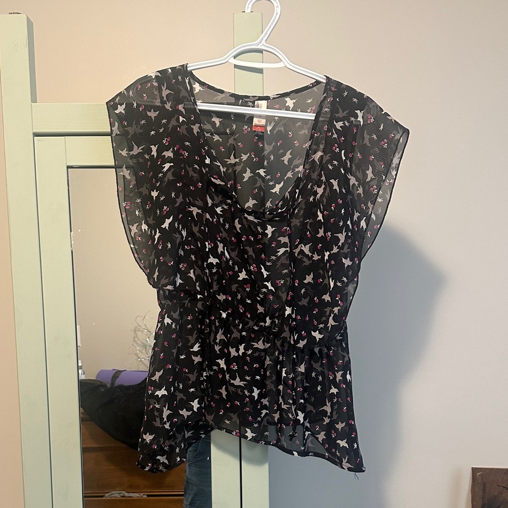 No Boundaries Sheer Black Blouse with Pink and White Patterns